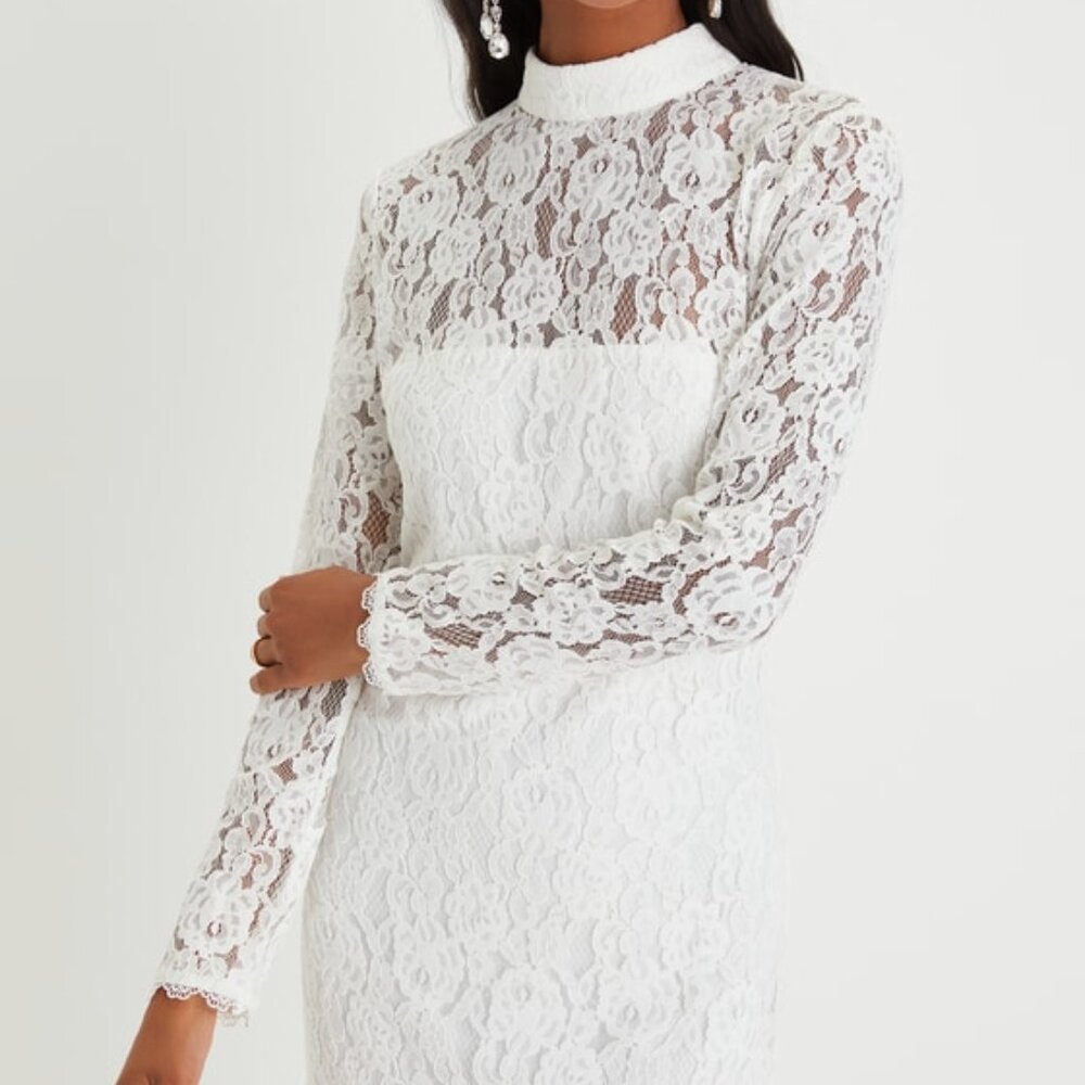 NWT Lulus Coveted Beauty White Lace Mock Neck Bodycon Mini Dress - Size L